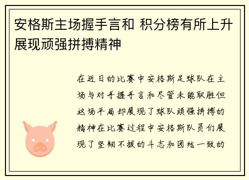 安格斯主场握手言和 积分榜有所上升展现顽强拼搏精神