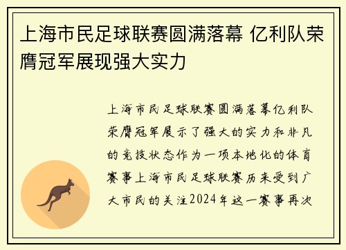 上海市民足球联赛圆满落幕 亿利队荣膺冠军展现强大实力
