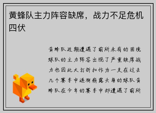 黄蜂队主力阵容缺席，战力不足危机四伏