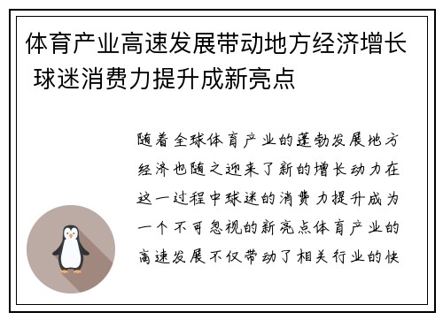体育产业高速发展带动地方经济增长 球迷消费力提升成新亮点